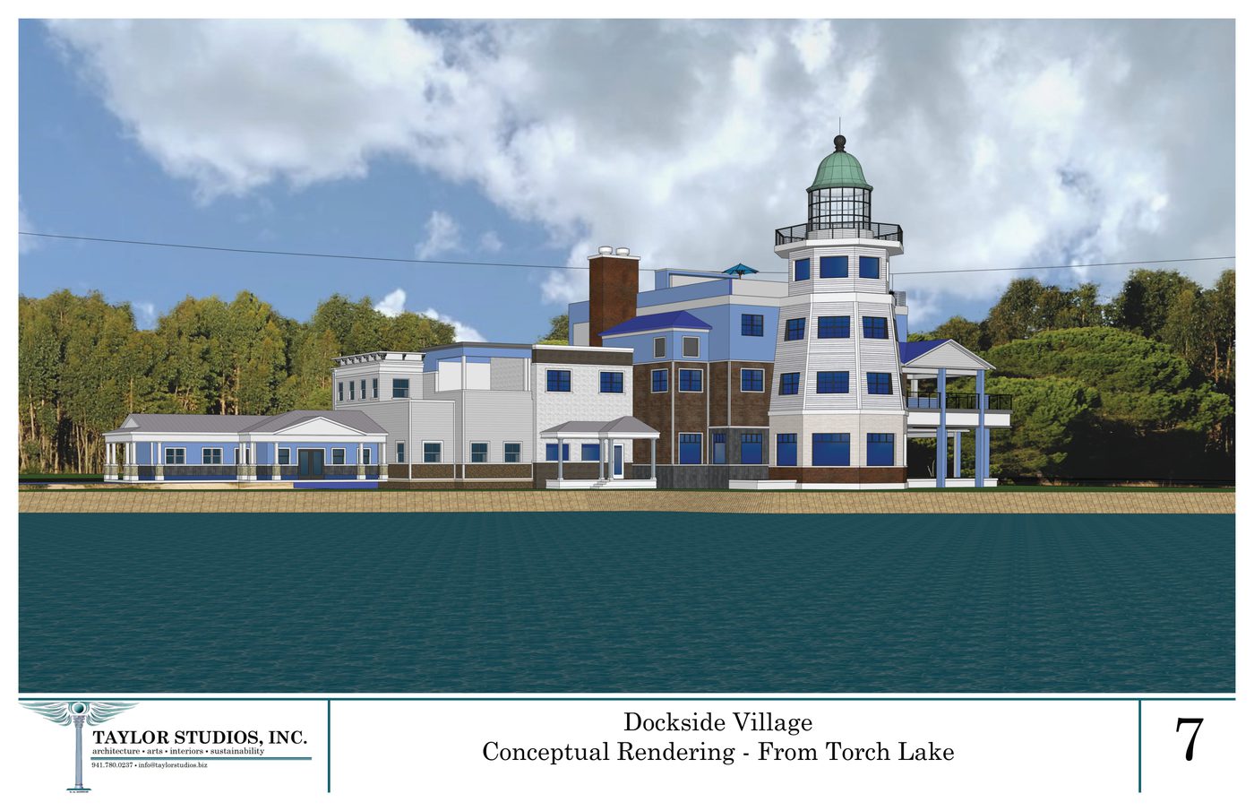 Developer's rendering of Dockside Village seen from Torch Lake, tower prominent.