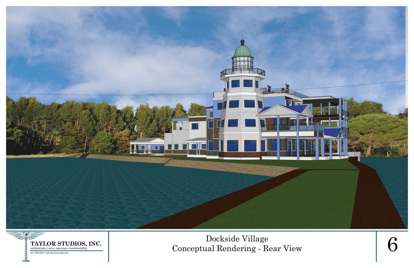 Developer’s rendering of Dockside Village seen from the water: a three-story building with a rooftop deck and a tall lighthouse-style tower.