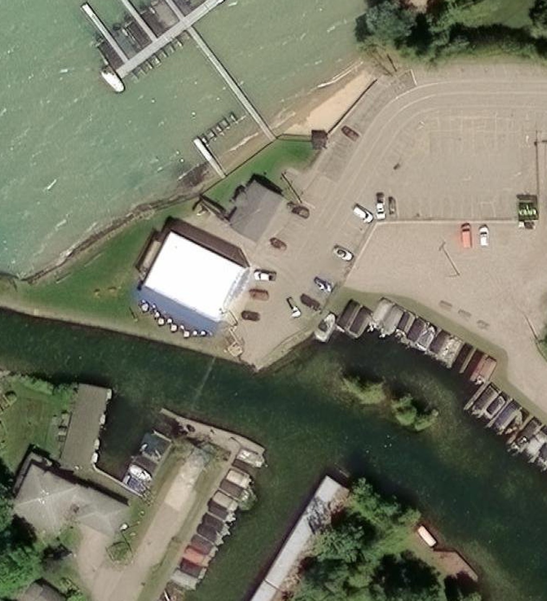 2026 aerial photo of the Dockside rental marina at the Clam River mouth